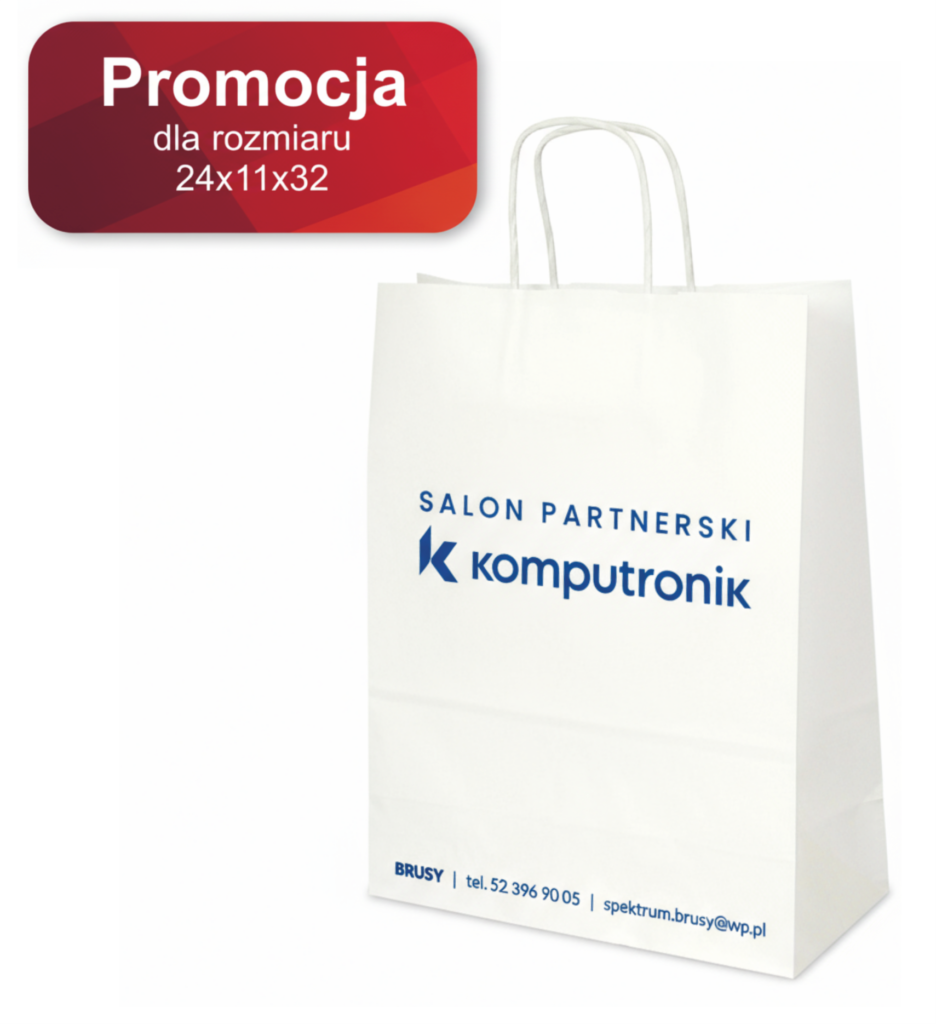 Białe torby papierowe z nadrukiem – uchwyt skręcany, producent Domaprint