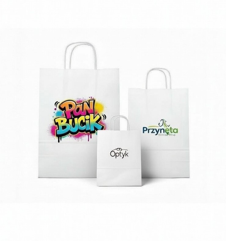 Biała torba papierowa z logo – uchwyt skręcany (packshot)