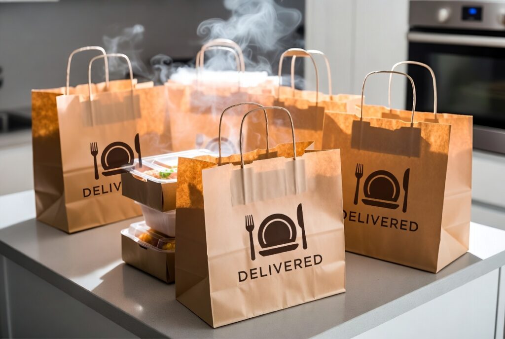 Torby cateringowe z nadrukiem logo przygotowane do dowozu posiłków
