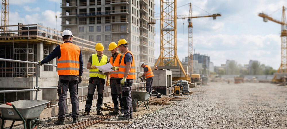 Pracownicy na budowie w kamizelkach budowlanych z nadrukiem – odzież ostrzegawcza BHP 2026