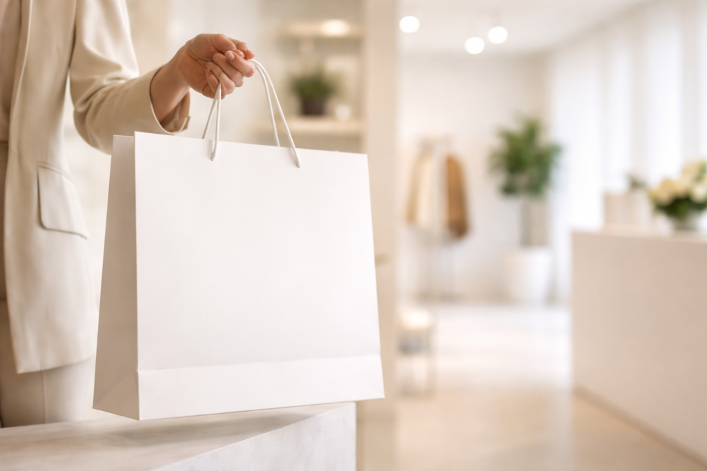 Torebki papierowe białe w butiku – uchwyt skręcany