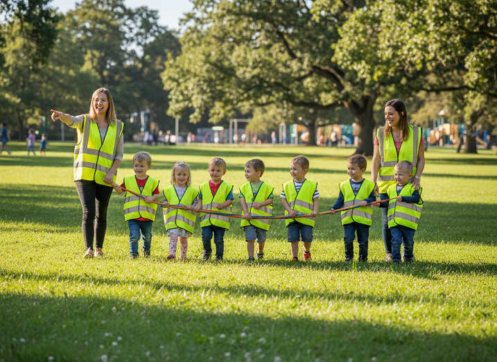 Grupa przedszkolaków w żółtych kamizelkach odblaskowych podczas wycieczki w parku