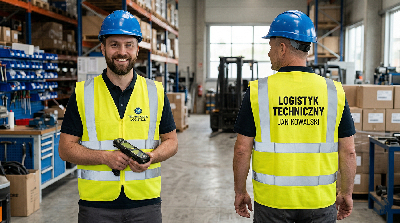 Kamizelka odblaskowa z logo na piersi i dużym napisem na plecach