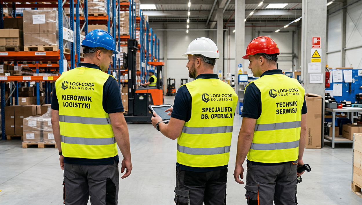 Oznaczenie ról na kamizelkach z logo firmy: serwis, magazyn i kierownik