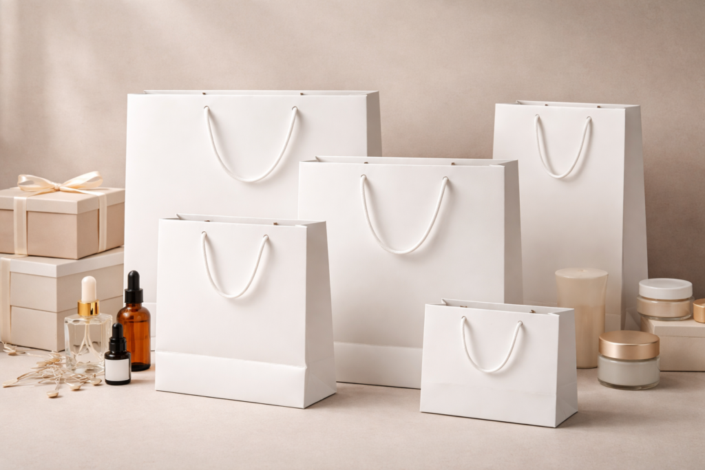 Białe torby papierowe w kilku formatach ustawione obok pudełek produktowych