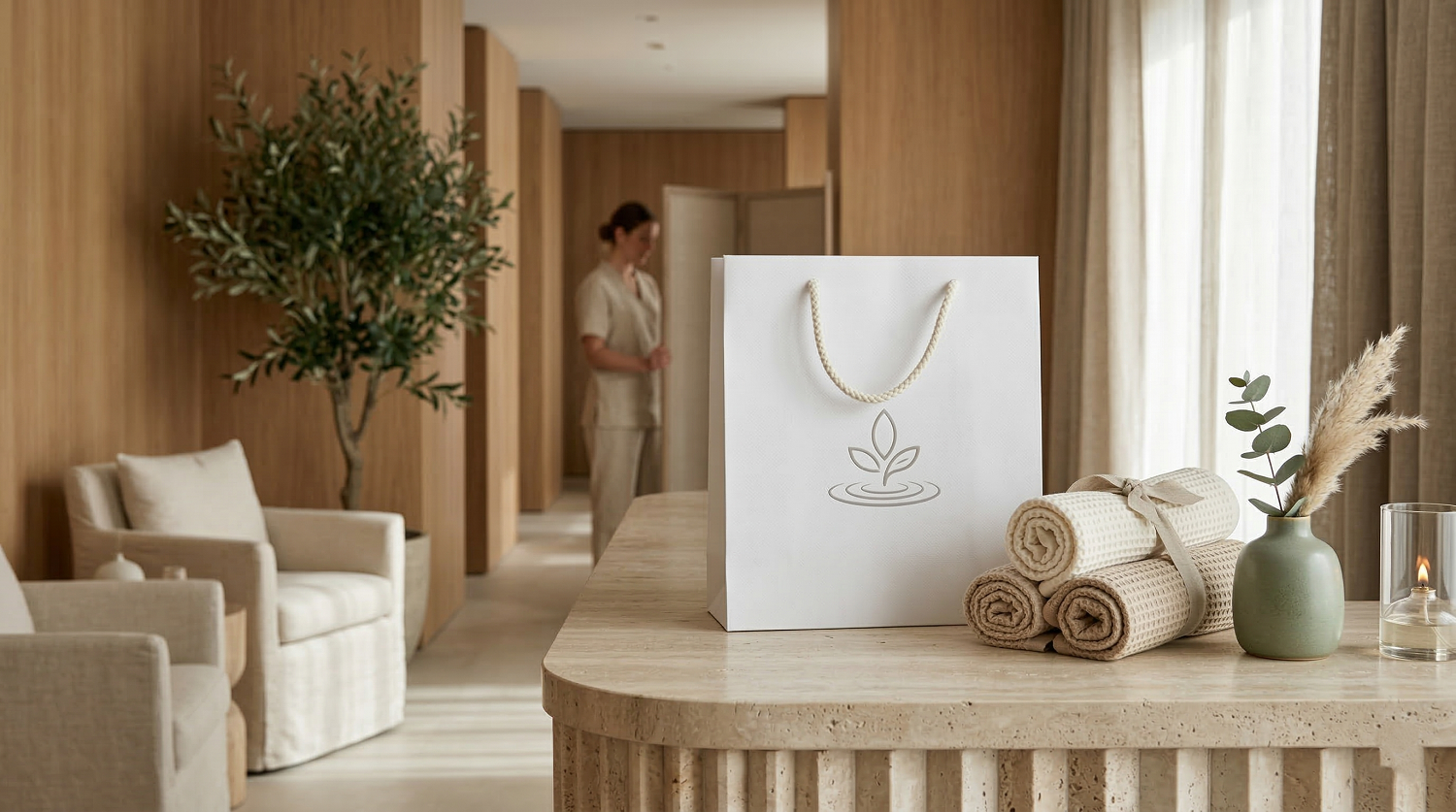 Biała torba prezentowa z logo używana w butiku premium