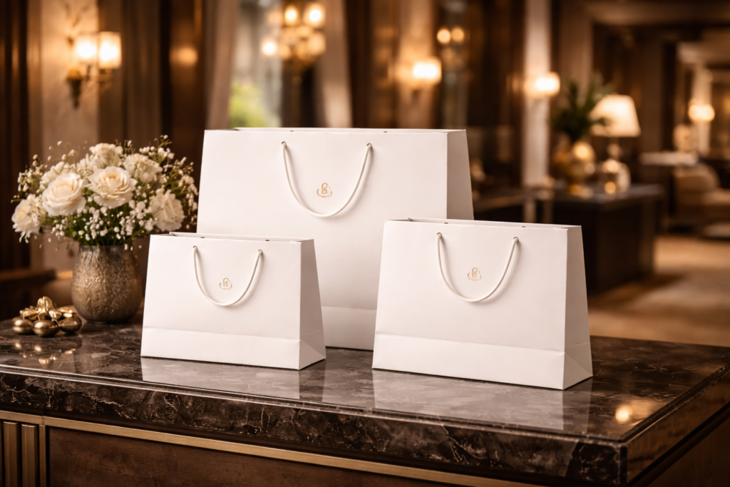 Białe torby prezentowe z logo w eleganckiej hotelowej aranżacji wieczornej
