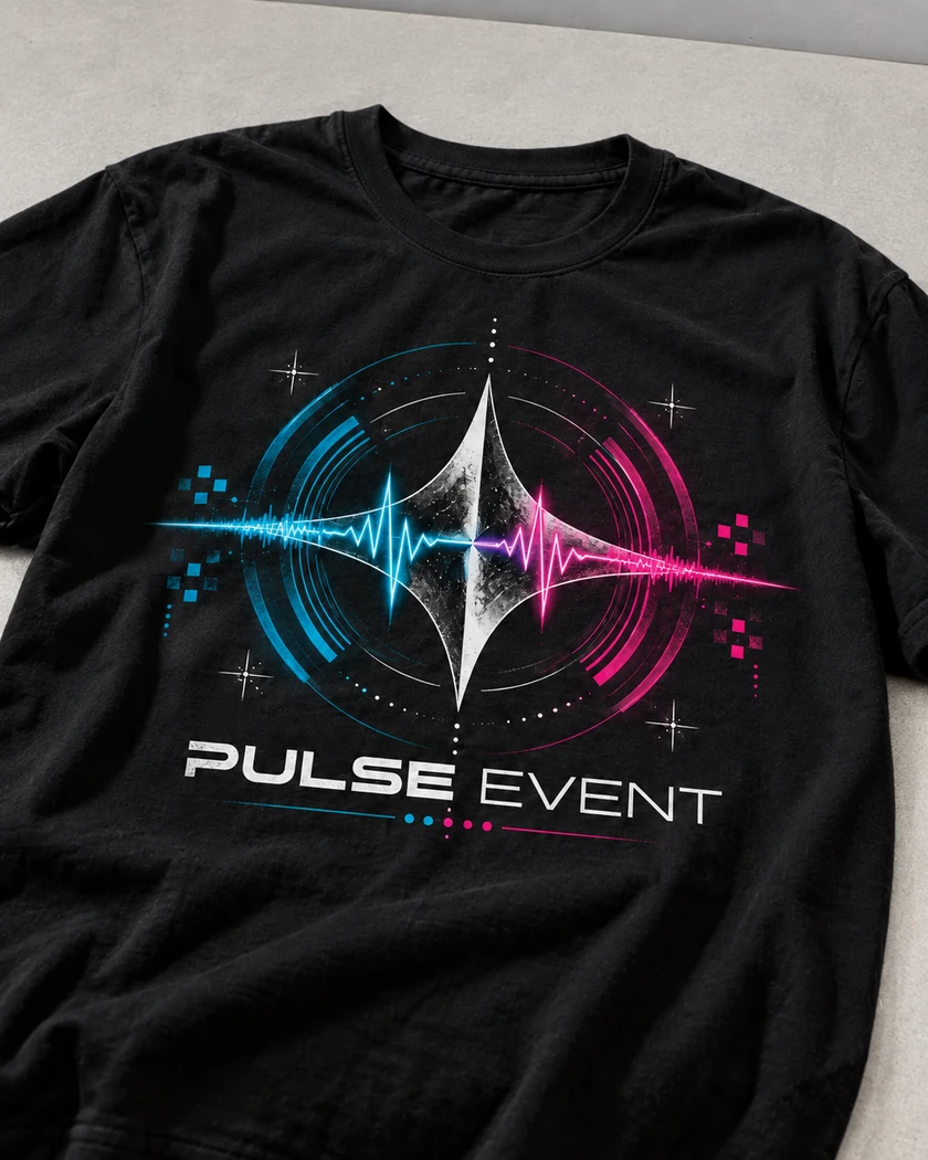 Przykładowa wizualizacja: czarna koszulka z nadrukiem PULSE EVENT
