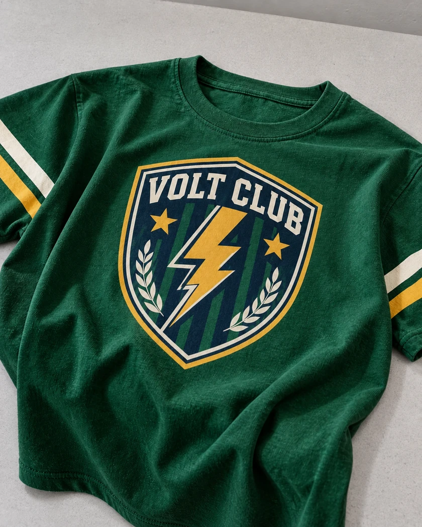 Przykładowa wizualizacja: zielona koszulka sportowa z herbem VOLT CLUB