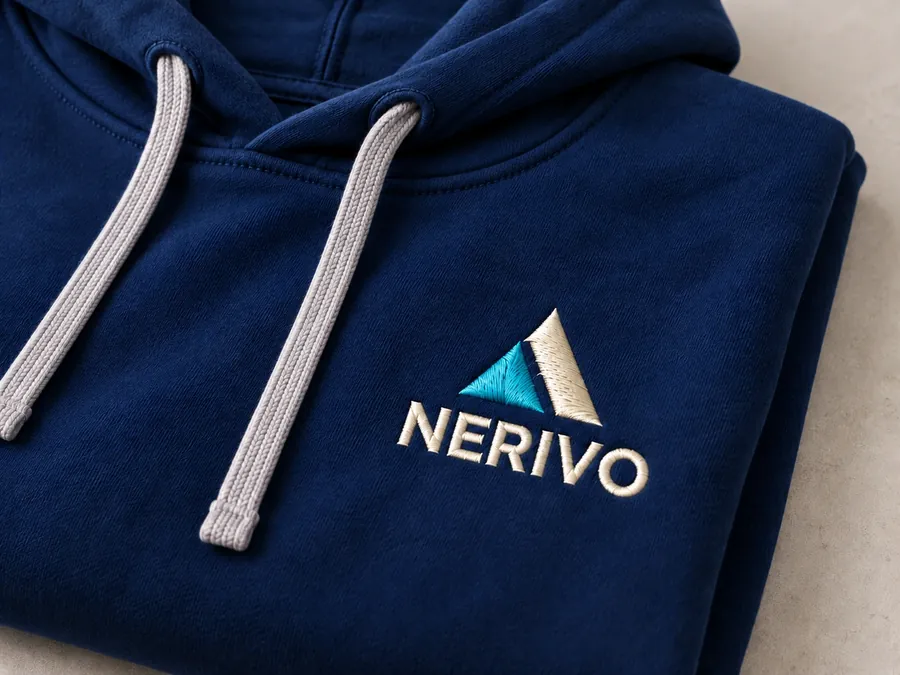Haft logo na piersi granatowej bluzy z kapturem — przykładowe logo NERIVO