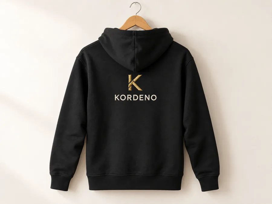 Duży haft logo na plecach czarnej bluzy z kapturem — przykładowe logo KORDENO