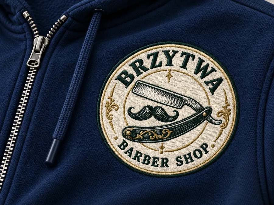 Wielokolorowy haft logo na bluzie rozpinanej obok zamka — logo BRZYTWA BARBER SHOP