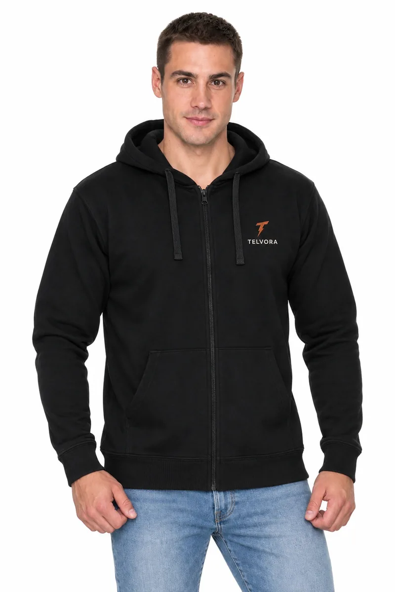 Bluza Geffer 630 (czarna) z haftem logo na piersi — przykładowe logo TELVORA, zdjęcie poglądowe