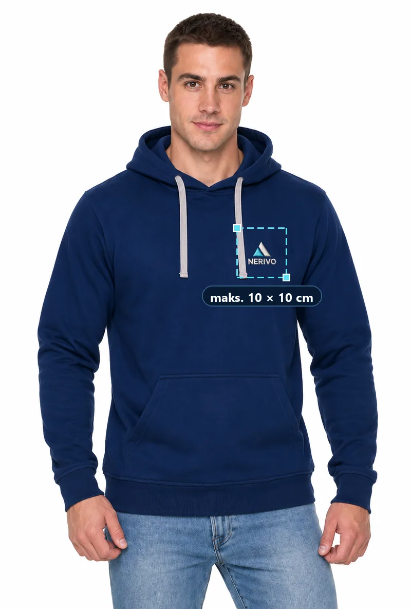 Granatowa bluza z kapturem z haftem logo na piersi — pole haftu do 10 × 10 cm (logo przykładowe, zdjęcie poglądowe)