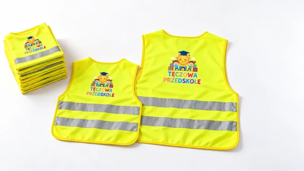 Komplet kamizelek odblaskowych dla grupy przedszkolnej z logo placówki – stos kamizelek dziecięcych i kamizelka dla opiekuna