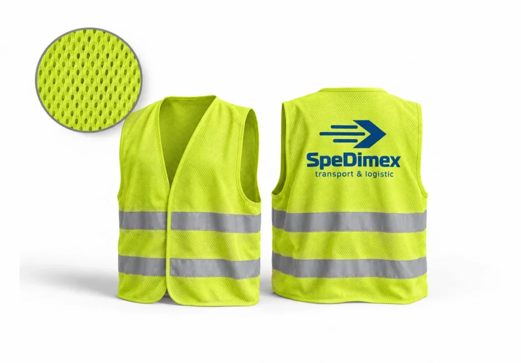 Kamizelki siatkowe z nadrukiem – żółta siateczkowa kamizelka odblaskowa, przód i tył z logo firmy na plecach
