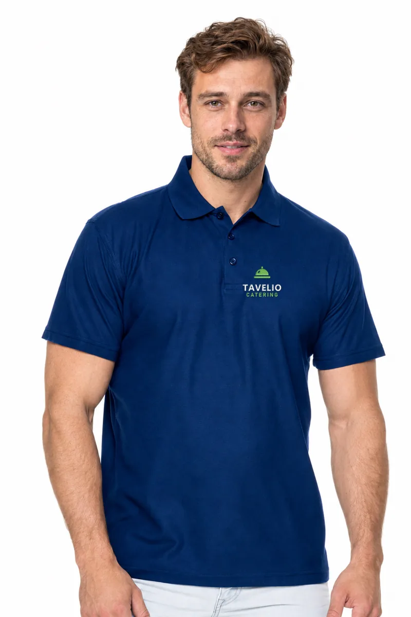 Koszulka polo Standard 175 (granatowy) z haftem logo na piersi — przykładowe logo TAVELIO (catering), zdjęcie poglądowe