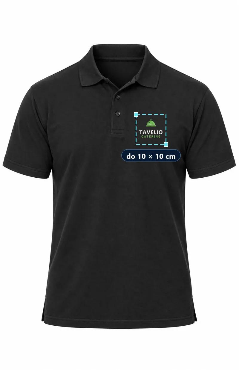 Czarna koszulka polo z haftem przykładowego logo TAVELIO catering na piersi — pole haftu do 10 × 10 cm (zdjęcie poglądowe)