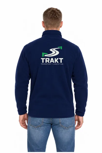 Granatowy polar Double od tyłu z dużym haftem logo TRAKT transport i logistyka na plecach — przykładowe logo