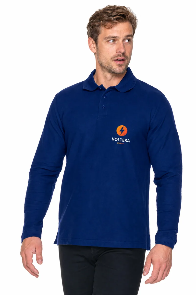Koszulka polo Long Cotton 200 (granatowy) z nadrukiem logo na piersi — przykładowe logo VOLTERA (energia), zdjęcie poglądowe