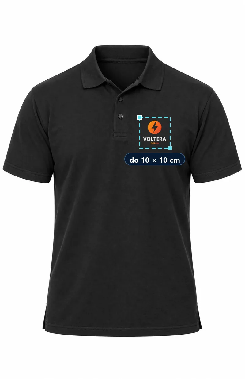 Czarna koszulka polo z nadrukiem przykładowego logo VOLTERA na piersi — pole nadruku do 10 × 10 cm (zdjęcie poglądowe)